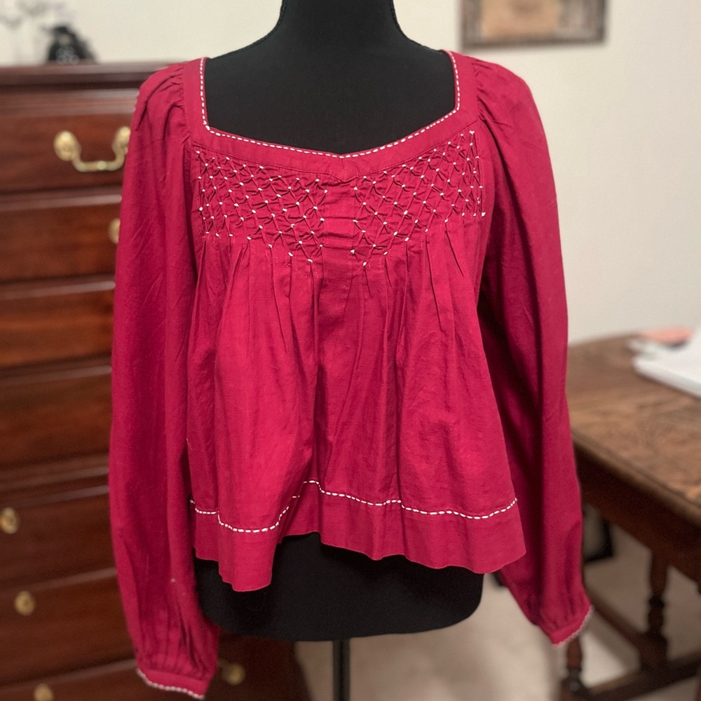 LOFT Red Blouse with Embroidered Detail
